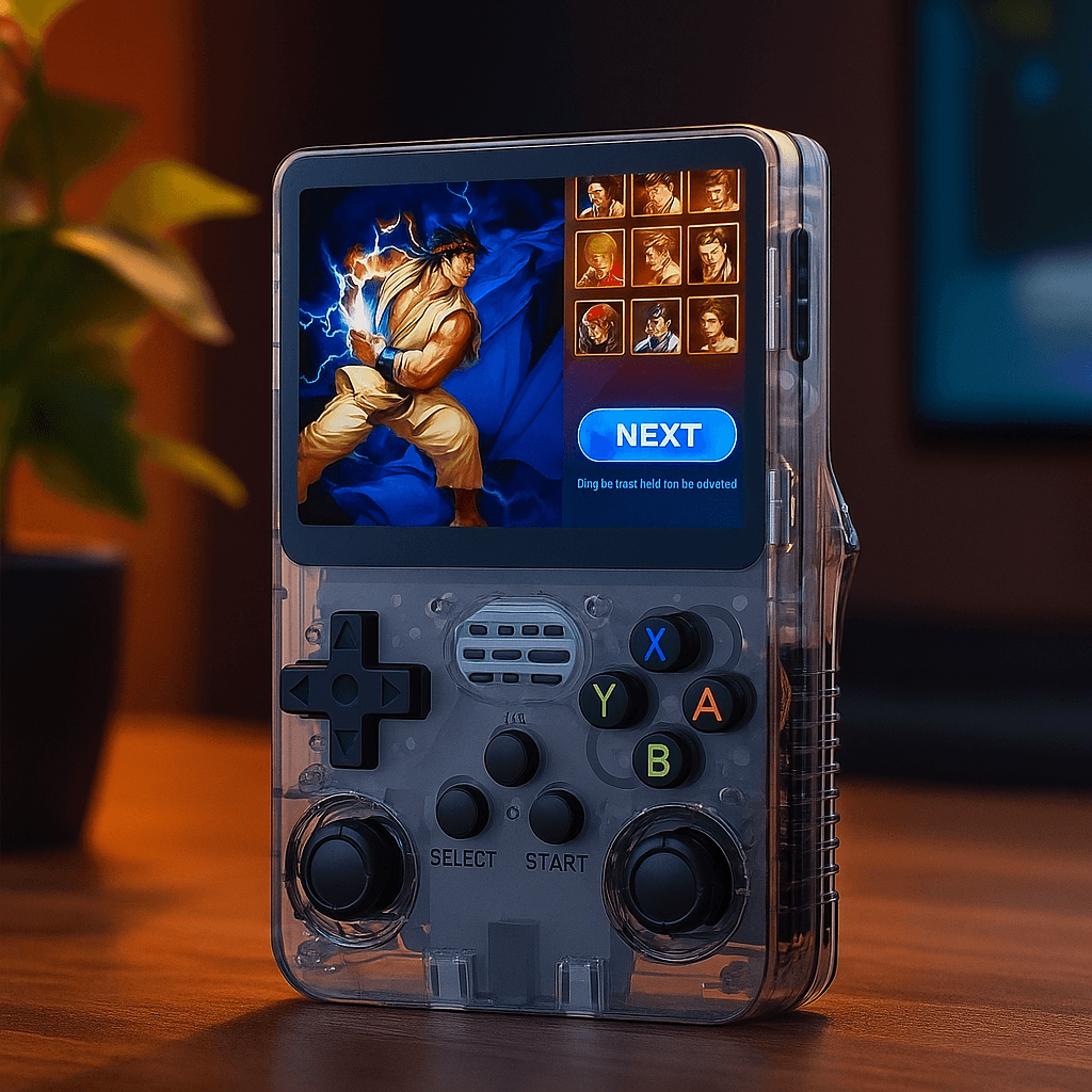 Handheld gaming console with a game displayed on the screen, placed on a wooden surface.