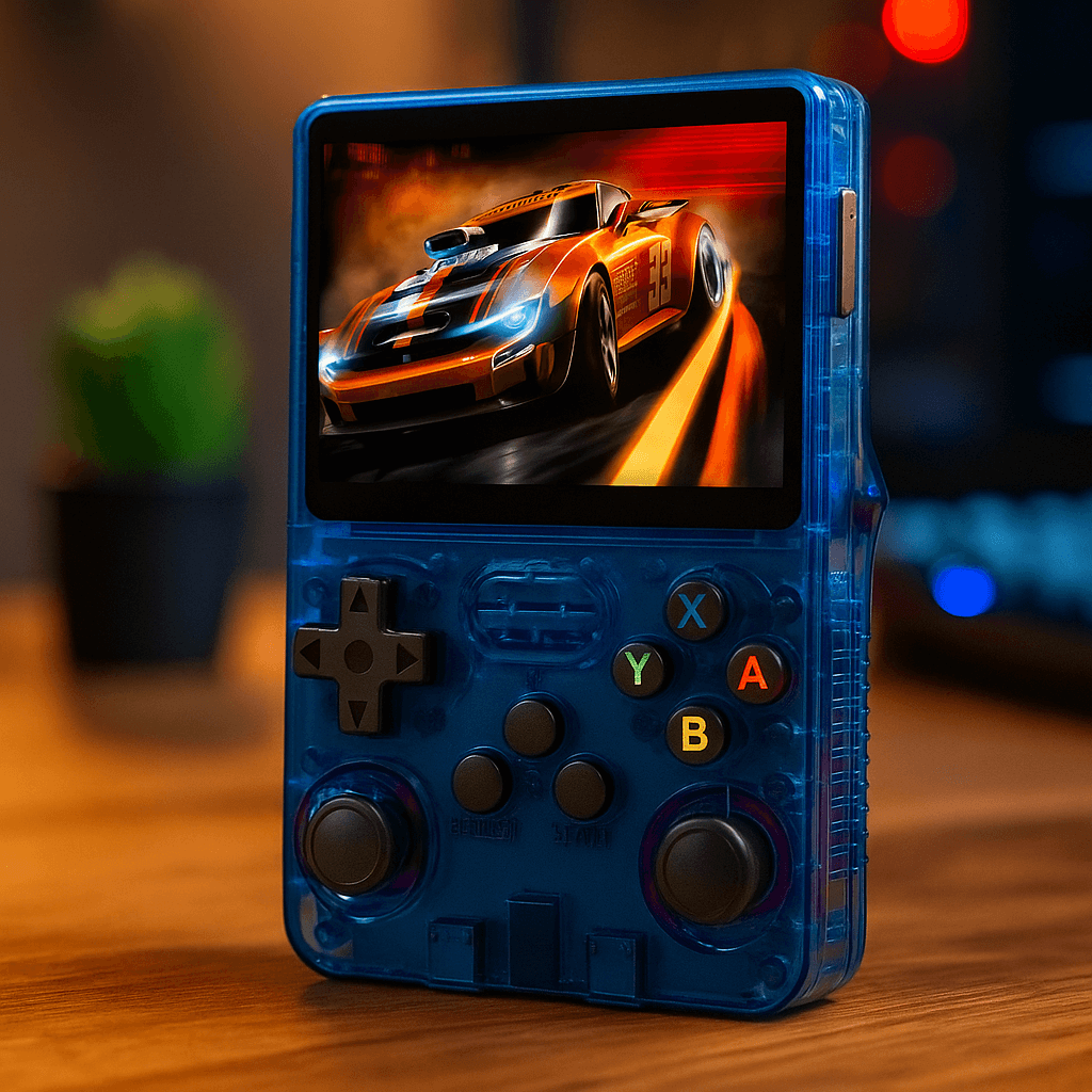 Handheld gaming console with a racing game on the screen, placed on a wooden surface.