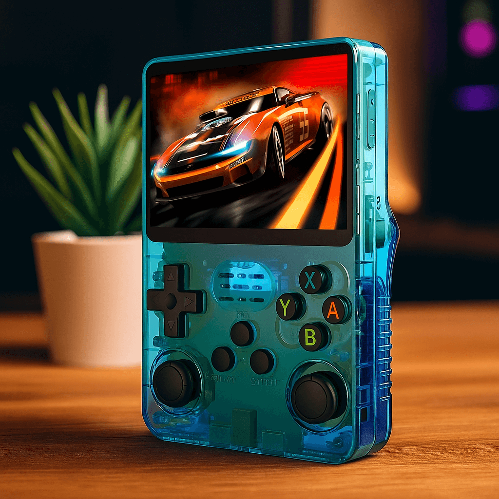 Handheld gaming console with transparent blue casing displaying a racing game on screen.