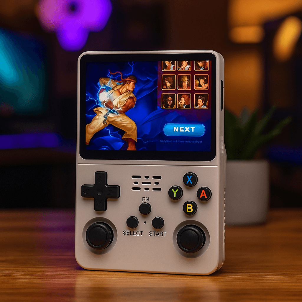 Handheld gaming console with vintage game displayed on screen